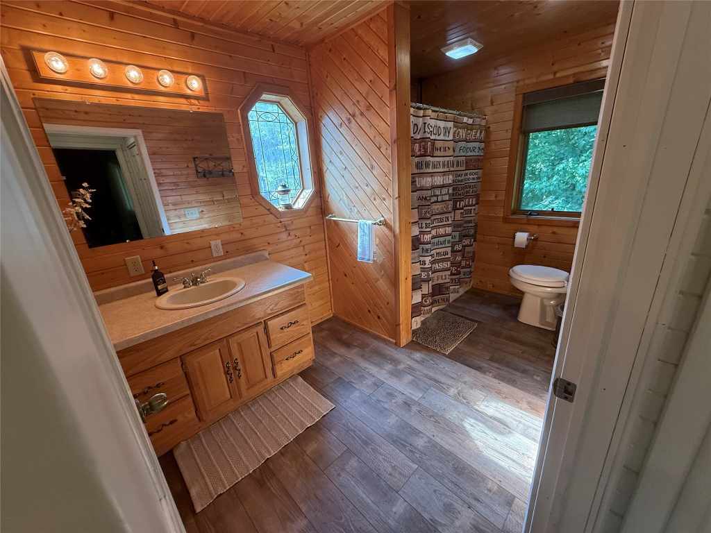 Wood-paneled bathroom vanity