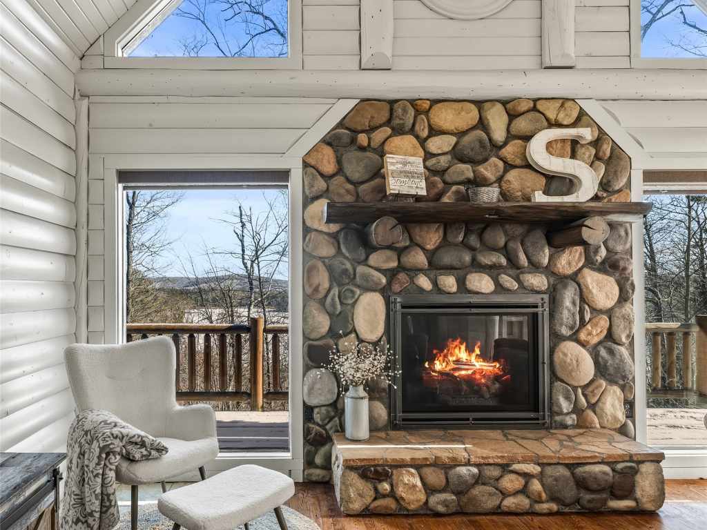 River-stone fireplace